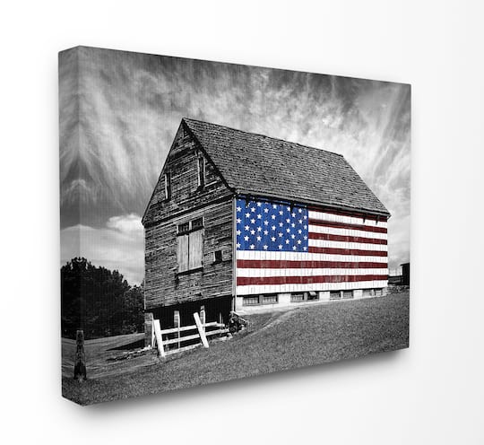 Stupell Industries Black & White Barn with American Flag Wall Art
